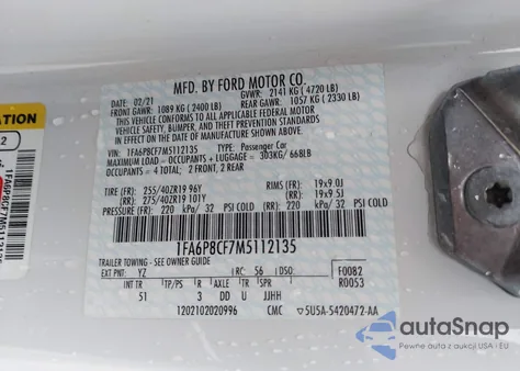 2021 Ford Mustang Gt Premium Fastback из США, поврежденный, VIN 1FA6P8CF7M5112135